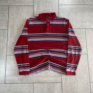 Bullhead Mens Red Striped Velour Long Sleeve Polo Shirt Size 21.5x27